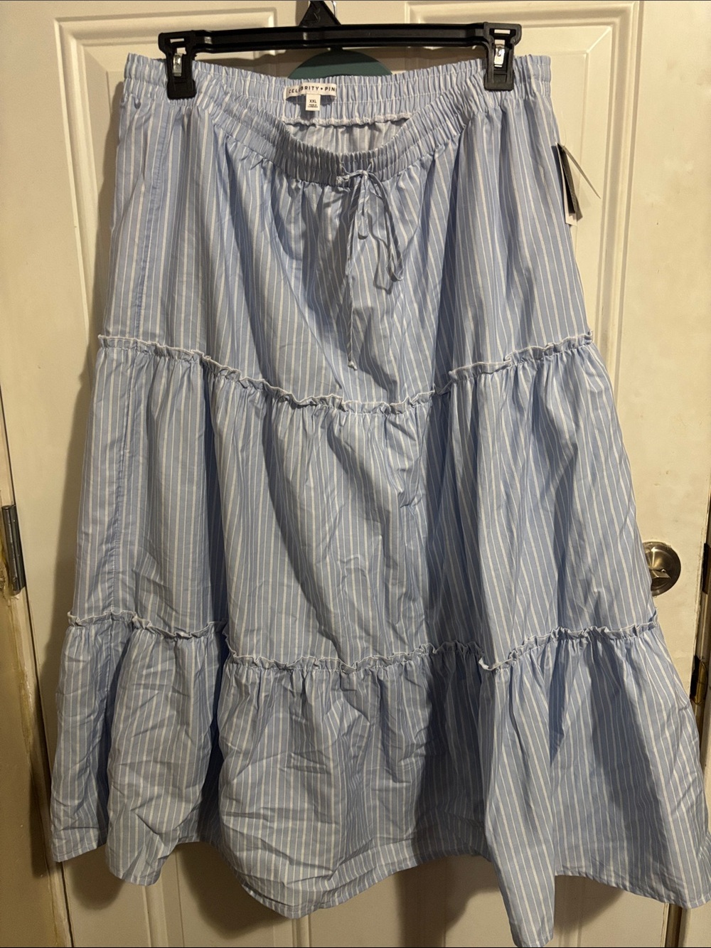 Celebrity Pink Light Blue & White Striped Tiered Maxi Skirt
